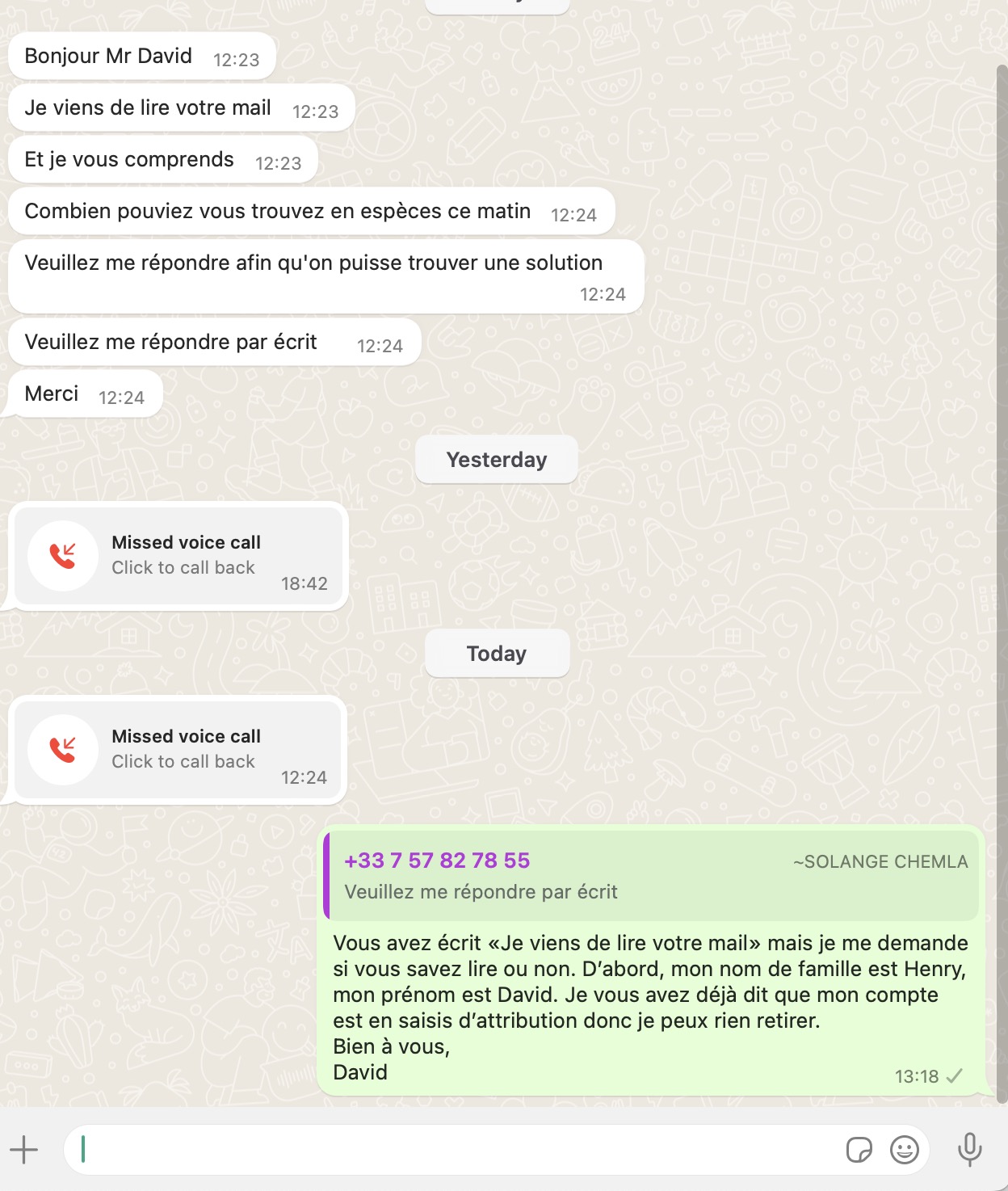 Un message envoyé par «Solange Chemla».